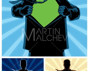 Superheld Under Cover - Vektor Cartoon Illustration. super, Held, Mann, Macht, unter deckel, undercover, Silhouette, Anzug, Verkleidung