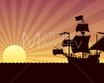 Ship Sailing Sunset Vector Illustration. Sail Nautical - Etsy Australia