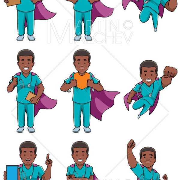 Super Nurse African Male Set Vector Illustration  nurse, registered nurse, doctor, medical, super, superhero, man, male, power, comic book