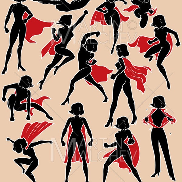 Super Heroine in Action - Vector Cartoon Clipart Illustration. superhero, female, superheroine, hero, woman, girl, silhouette, set,