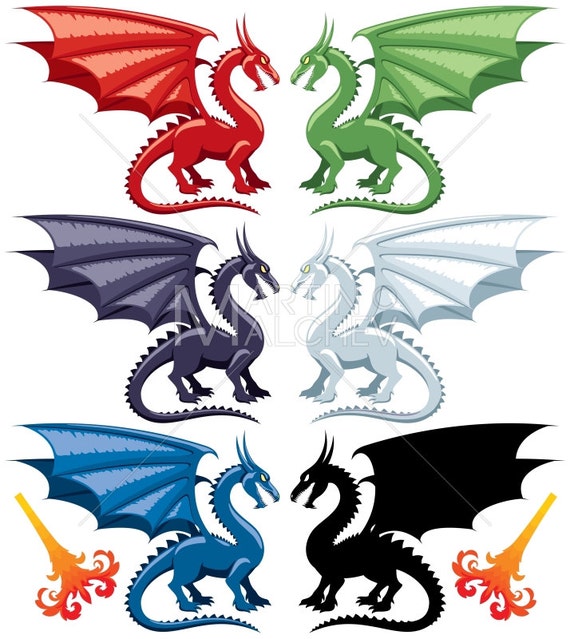 Dragons Vector Cartoon Clipart Illustration Dragon Rouge Etsy
