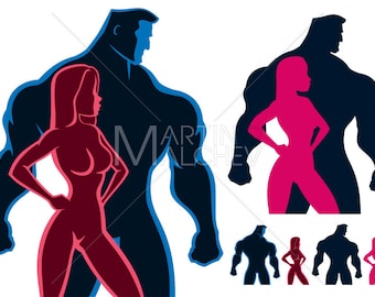 Fit Couple - Vector Illustration. couple, silhouette, man, woman, strong, muscular, body, sexy, fit, fitness, bodybuilding, athlete, gym,