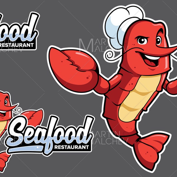 Seafood Restaurant Mascot Vector Illustration. lobster, crab, seafood, restaurant, food, crayfish, mascot, logo, animal, sea, shellfish