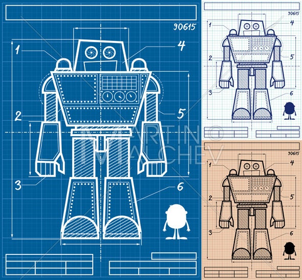 Robot Blueprint Cartoon Vector Cartoon Illustration Giant Etsy Canada