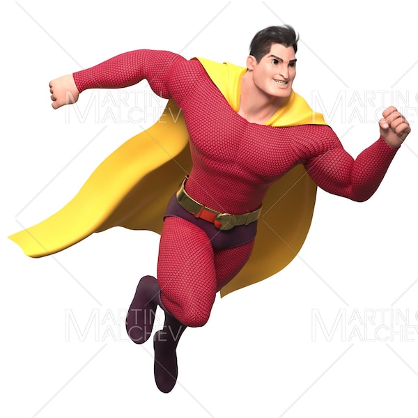 Superhero Running Isolated 4 3D Render. man, hero, cape, superhero, super, running, fast, protection, yellow, muscles, muscular, costume,