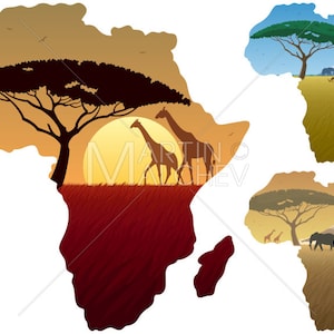 Africa Map Landscapes - Vector Cartoon Clipart Illustration. african, double exposure, silhouette, giraffe, elephant, impala, antelope, herd