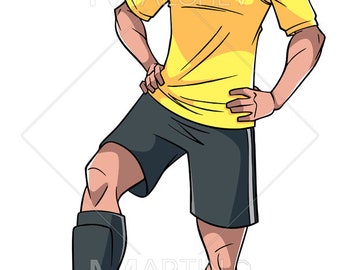 Fußballer - Vektor-Cartoon-Illustration. Mann, Fußball, Ball, Spiel, Spiel, Sport, Fußballer, Cartoon, Charakter, stehend, uniform