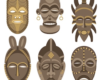 African Masks - Vector Cartoon Illustration. mask, African mask, Africa, Lulua mask, Zulu, culture, ethnic, face, collection, set, voodoo