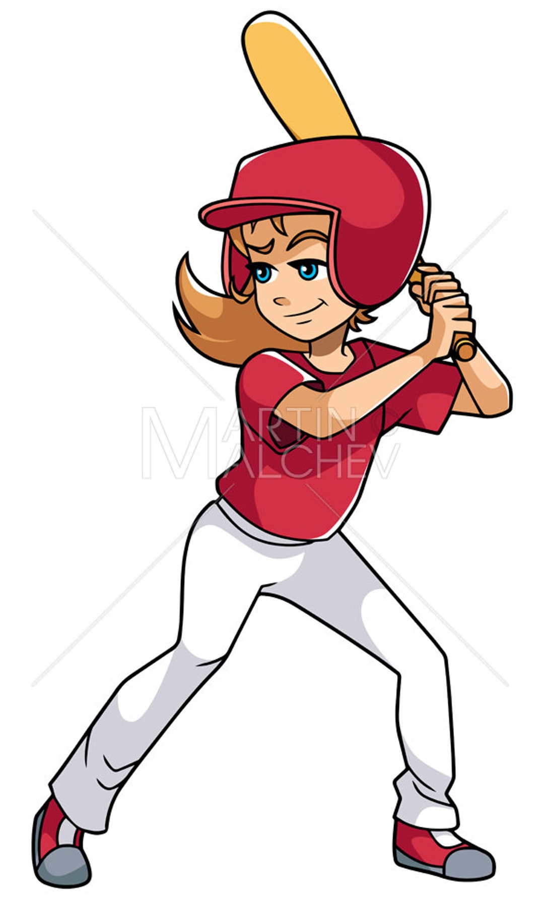Baseball Batter Girl Vector Cartoon Illustration Girl Baseball Bat Playing Sport