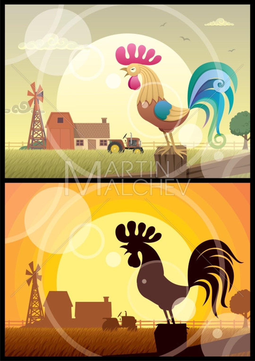 Rooster Crowing Vector Cartoon Illustration Cock Cockerel Etsy