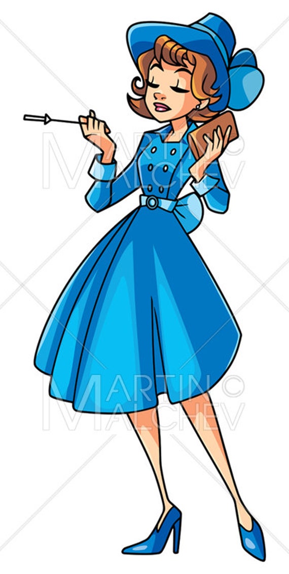 Vintage Girl Vector Cartoon Illustration. Woman, Old Fashion, Blue