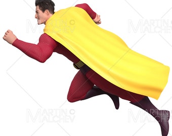 Superhero Running Isolated 3 3D Render. man, hero, cape, superhero, super, running, fast, protection, yellow, muscles, muscular, costume,