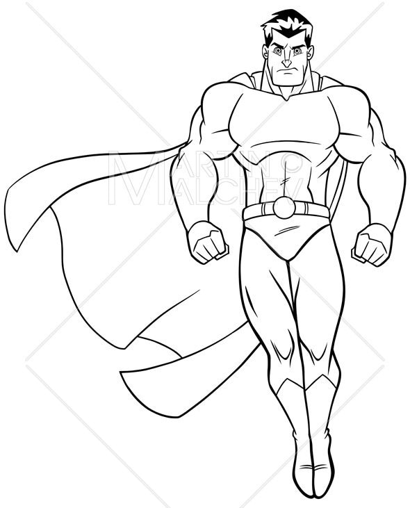 Superhero Flying on White Line Art Vector Illustration Man, Cape, Hero