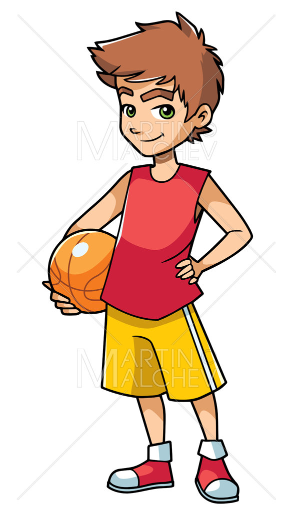 Ragazzo di pallacanestro su bianco Vector Cartoon Illustration.boy, sport,  basket, palla, bambino, bambino, adolescente, adolescente, adolescente,  carattere -  Italia