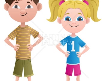 Junge und Mädchen - Vektor-Cartoon-Clipart-Illustration. Junge, Mädchen, Kind, Kind, junge, kleine, kleine, Baby, posieren, stehend, glücklich, Geschwister,