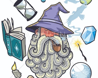 Wizard Portrait - Vector Cartoon Clipart Illustration. mago, hechicero, conjuro, magia, merlín, gandalf, sombrero, barba, personaje, fantasía,