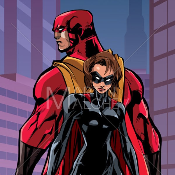 Superhero Couple in City - Vector Illustration. man, woman, hero, super, couple, family, heroine, superheroine, cape, love, city, cityscape