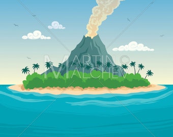 Tropische Insel - Vektor-Cartoon-Clipart-Illustration. exotisch, Ozean, Meer, Vulkan, tropischen Insel, Strand, Hawaii, Landschaft, Hintergrund,