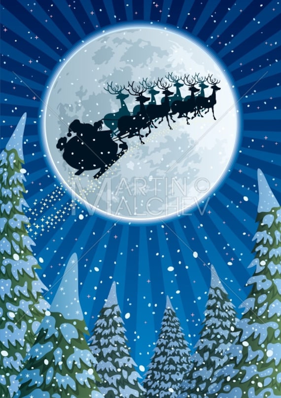 Sanie Mikołaja Ilustracja Wektorowa Boże Narodzenie święty Mikołaj Powitanie Karta Tło Renifer Jelenia Księżyc śnieg Niebo Noc Sylwetka