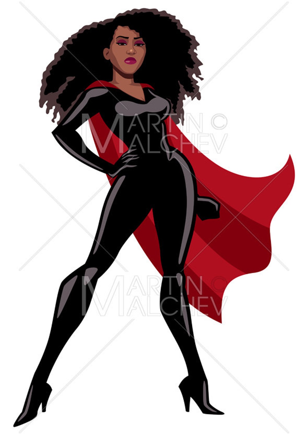 Superheroine Black on White Vector Illustration. Superhero, Super, Hero,  Heroine, Woman, Girl, Power, Black, African, African American 
