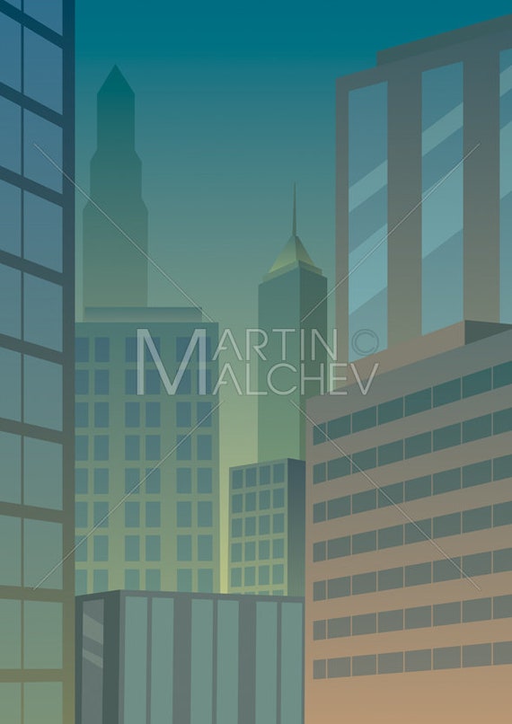 Cityscape Green Vector Illustration City Skyline Etsy