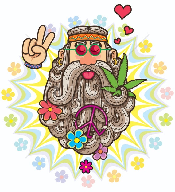 Hippie Vector Cartoon Illustration. Hippy, Hipster, Lifestyle, Culture,  1960s, Movement, Man, Pacifist, Rebel, Fashion, Old, Beard, 
