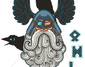 Odin - Vektor-Illustration. Gott, Norse, skandinavischen, Germanen, Wikinger, Charakter, Porträt, Symbol, Zeichen, Maskottchen, Mythologie, Fantasie