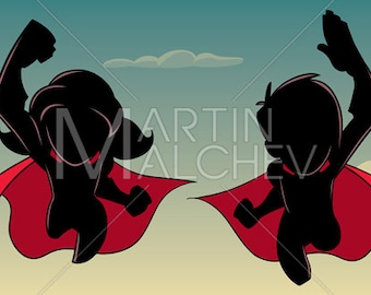 Boy and Girl Flying Silhouette - Vector Illustration. cape, hero, heroine, super, kid, superhero, superheroine, child, friend, boyfriend