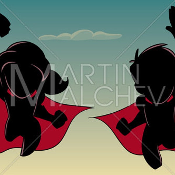 Boy and Girl Flying Silhouette - Vector Illustration. cape, hero, heroine, super, kid, superhero, superheroine, child, friend, boyfriend