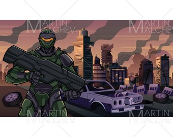 Futuristic Soldier in City in Ruins Vector Illustration. soldier, exoskeleton, futuristic, future, technology, artificial