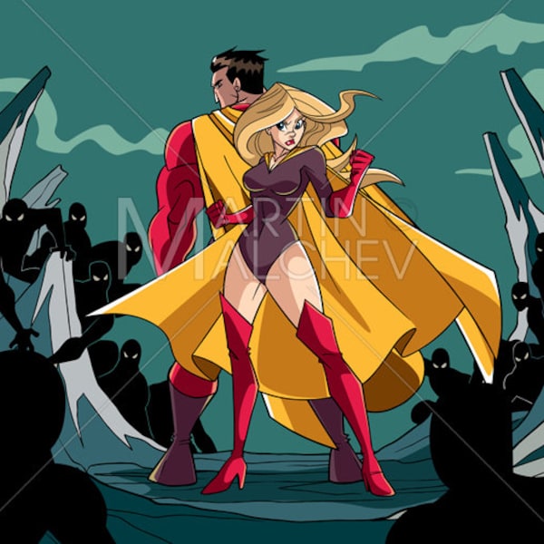 Superhero Couple Back to Back - Vector Cartoon Illustration. man, woman, hero, super, heroine, superheroine, cape, love, together, fight,