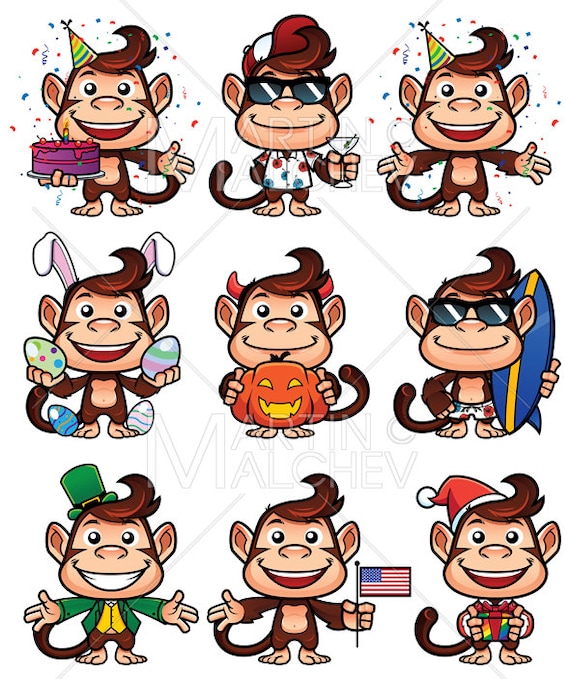 Monkey Holiday Setcartoon set pack mascota avatar - España