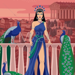 Hera - Vector Cartoon Clipart Illustration. juno, goddess, queen, greek, roman, mythology, fantasy, religion, ancient, legend, myth, history