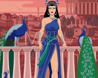 Hera - Vector Cartoon Clipart Illustration. juno, diosa, reina, griego, romano, mitología, fantasía, religión, antigua, leyenda, mito, historia