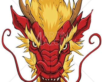 Chinesischer Drache Kopf rot - Vektor-Illustration. Gesicht, Chinesisch, asiatisch, Tier, Monster, Symbol, National, Maskottchen, Porträt,