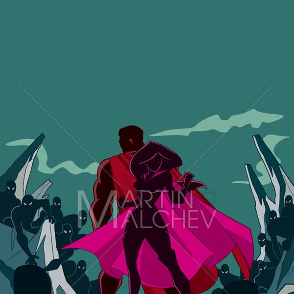 Superhero Couple Back to Back Silhouette - Vector Illustration. man, woman, hero, super, heroine, superheroine, cape, love, together,