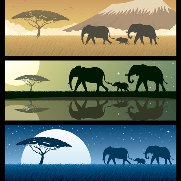 Africa Landscapes - Vector Cartoon Illustration. African, landscape, background, banner, elephant, family, baby, savannah, safari, night,