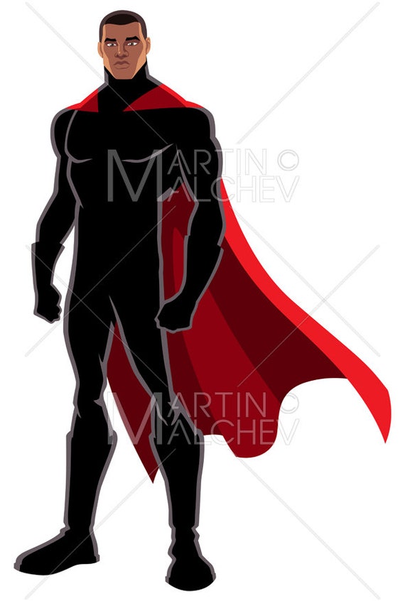 Superhero Black on White - Vector Illustration. super, hero, man, power,  comic book, body, male, black, african, african american