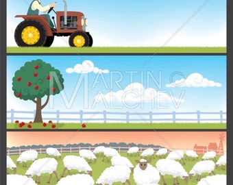 Landschaften - Vektor-Cartoon-Clipart-Illustration vom Bauernhof. Ranch, Bauernhaus, Banner, Landschaft, Hintergrund, Bauer, Traktor, alte, retro, Vektor,