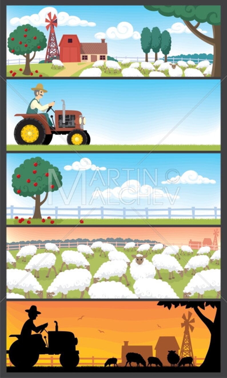 Farm Landscapes Vector Cartoon Clipart Illustration. ranch, farmhouse, banner, landscape, background, farmer, tractor, old, retro, vector, image 1