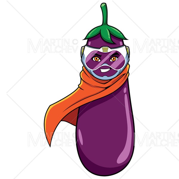 Mascotte de super-héros d’aubergine Illustration vectorielle. aubergine, aubergine, brinjal, légume, morelle, dessin animé, super, héros, pouvoir,