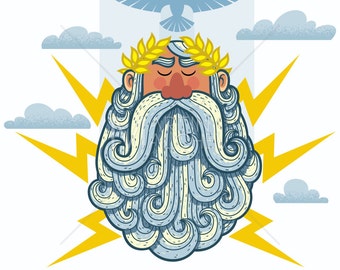 Zeus - Vektor-Cartoon-Illustration. Jupiter, Gott, Gottheit, Roman, Griechisch, Porträt, Gesicht, Symbol, Zeichen, Maskottchen, Mythologie, Bart