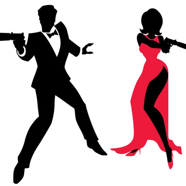 Spy Couple - Vector Cartoon Illustration. secret agent, family, 007, man, woman, clip art, james bond, silhouette, secret service, svg, cdr