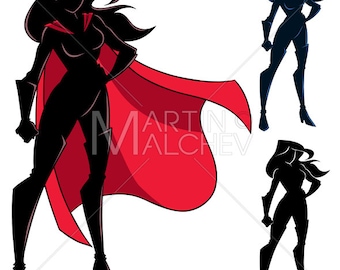 Superheroine Standing Tall Silhouette - Vector Illustration. superhero, super, hero, heroine, woman, girl, female, power, comic book, comics