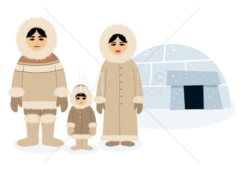 Eskimos Vector Cartoon Illustration. Inuit, Inuk, Family, Mother