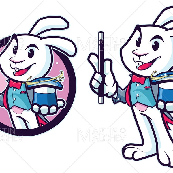 Rabbit Magician Mascot  - Vector Illustration. illusionist, stage, party, stage magician, wizard, illusion, mascot, logo, rabbit, bunny,