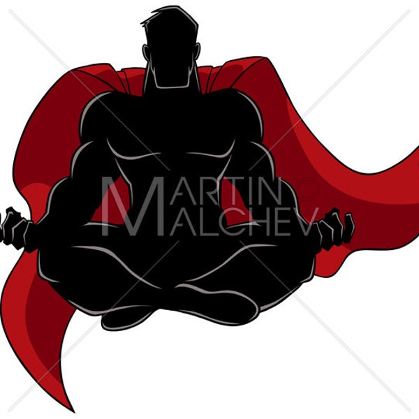 Superhero Meditating Silhouette - Vector Illustration. man, hero, super, superhero, yoga, meditation, pose, position, lotus, zen, sexy
