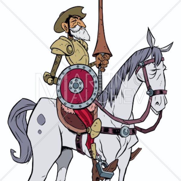 Don Quixote - Vector Cartoon Clipart Illustration. don quijote, mancha, character, Servantes, Spanish, culture, knight, horse, rocinante,