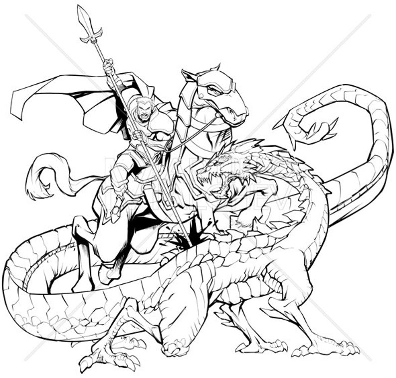 Saint George erschlägt den Drachen Linie Kunst Vektor-Illustration. Krieger, Soldaten, Ritter, Kreuzritter, Roman, Militär, Märtyrer, Patron, Tattoo Bild 1