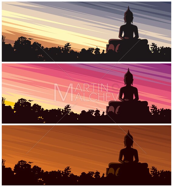 Buddha Dusk Vector Cartoon Clipart Illustration Statue Etsy